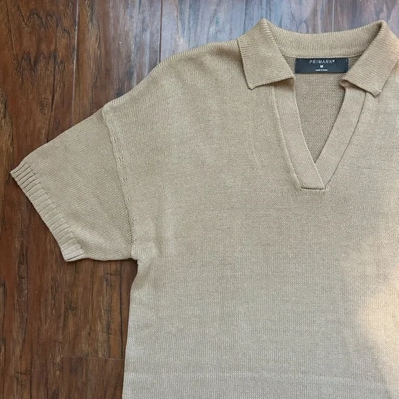 Lightweight Sweater Dress Midi Length In Tan Collar Coastal - Picture 4 of 8